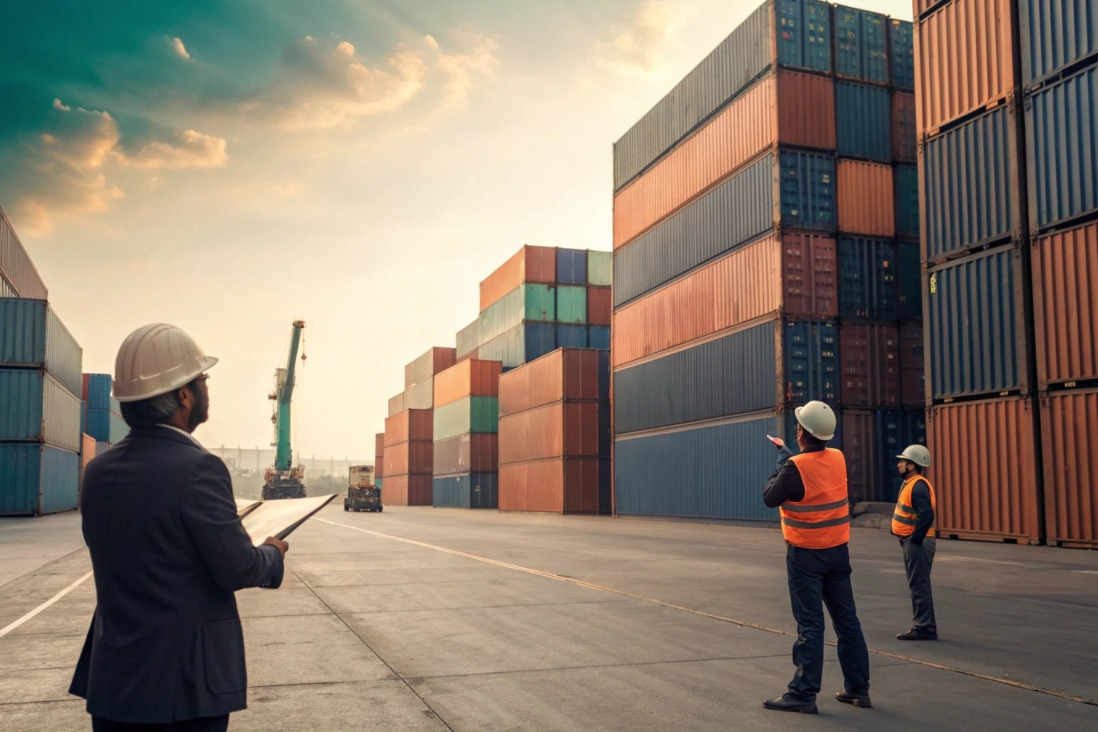 Workers inspecting shipping containers at cargo port
