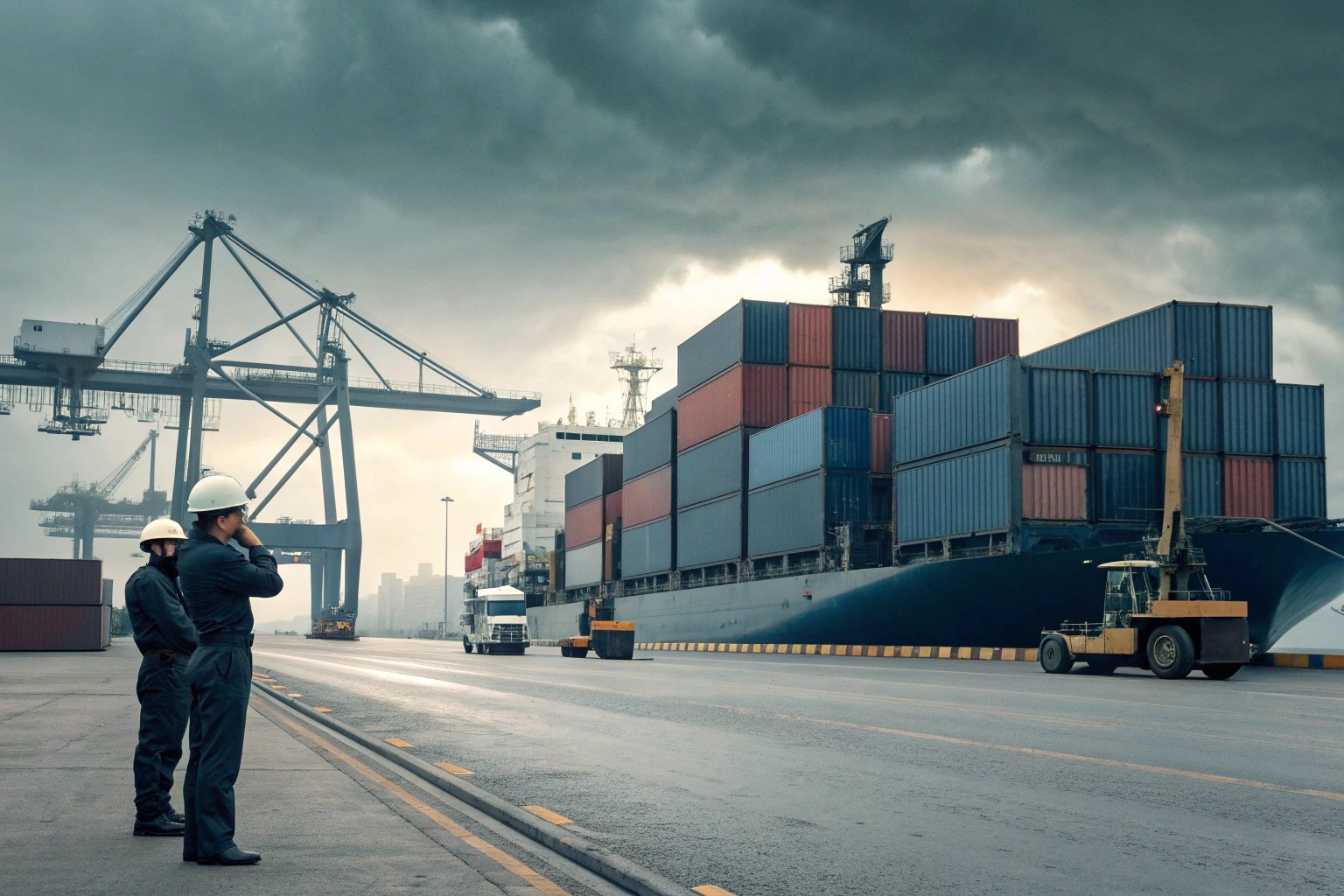 Inspectors monitoring cargo operations at shipping dock.