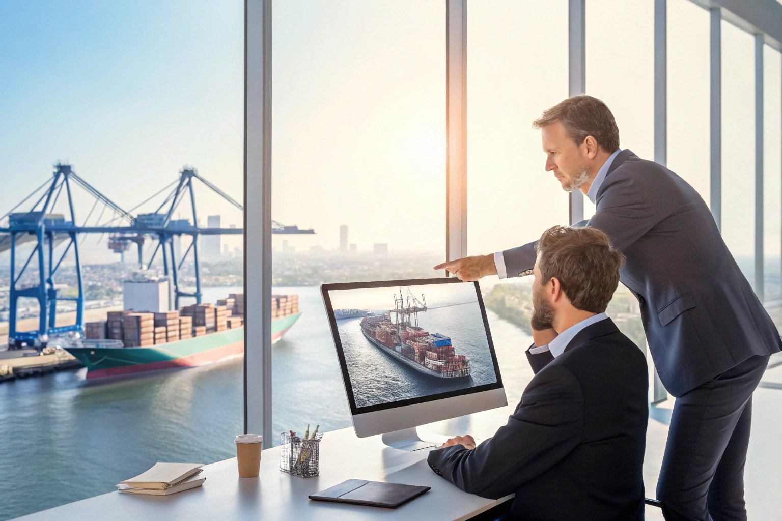 Blurred business meeting focused on shipping operations.