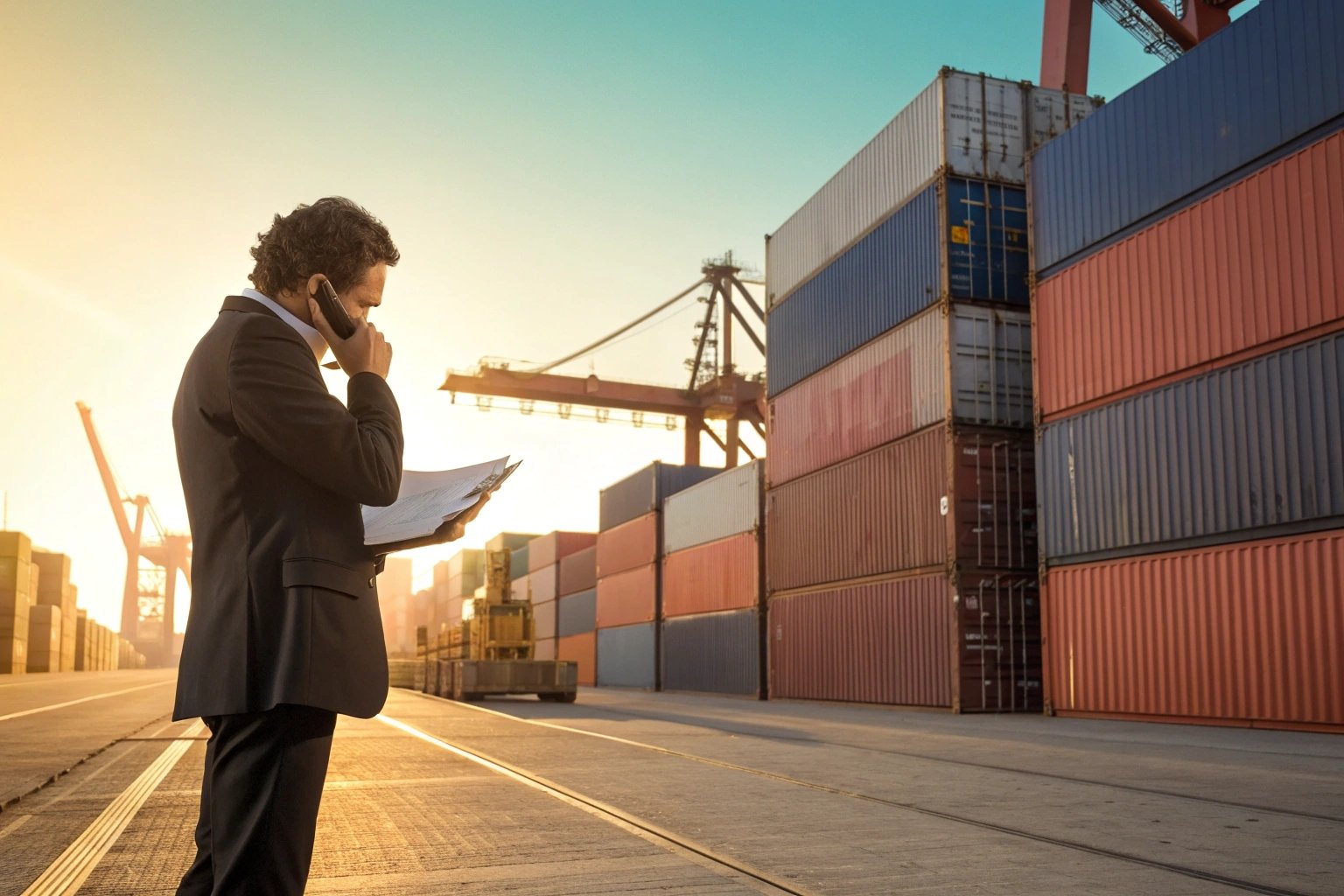 Businessman reviewing documents in cargo area.