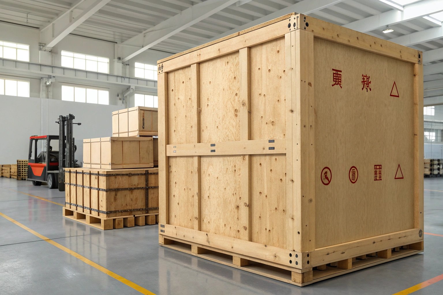 Large wooden crates prepared for shipment.