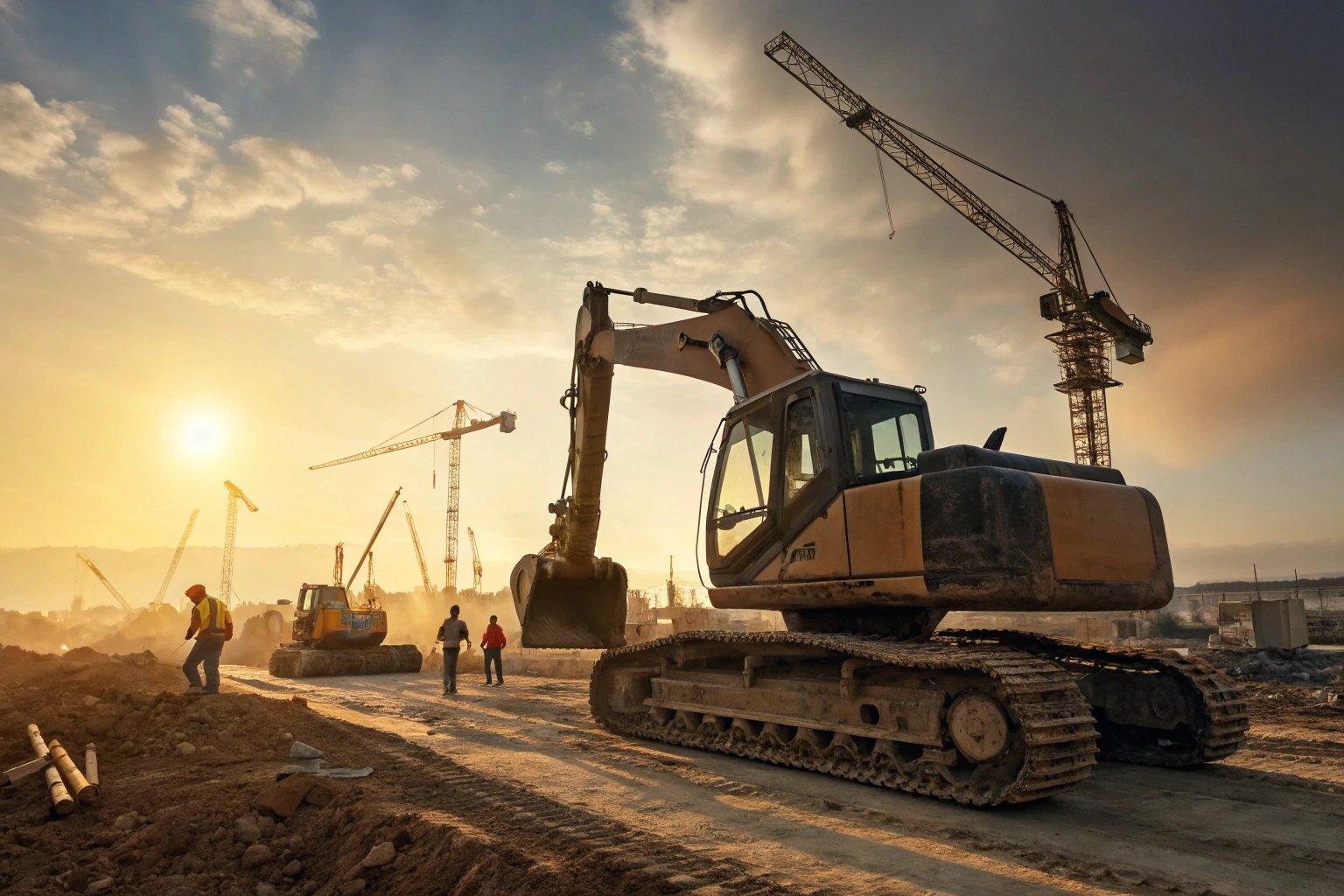 Excavator and cranes at construction site at sunset.