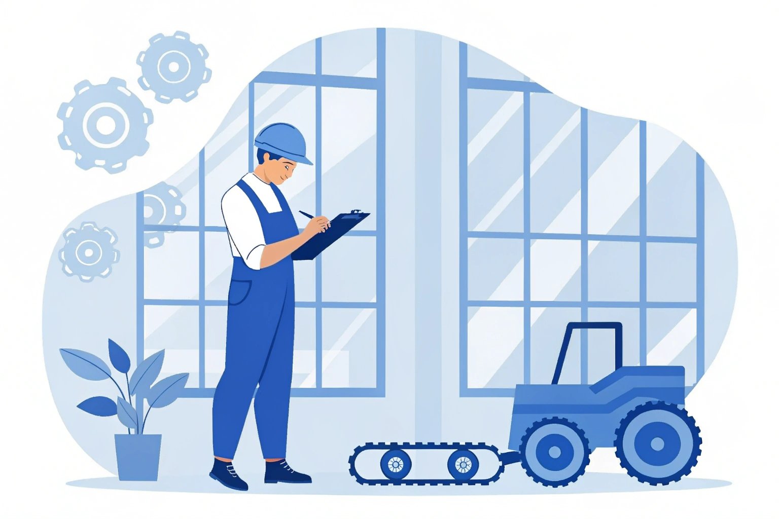 Illustrated engineer inspecting equipment in factory.