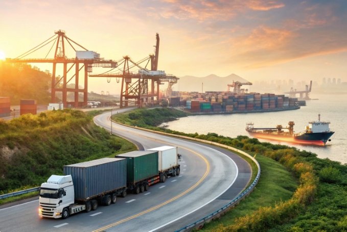 Container port with ships and trucks