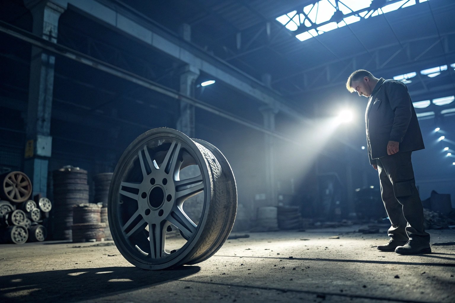 Automotive alloy wheel inspection in dim workshop with dramatic lighting