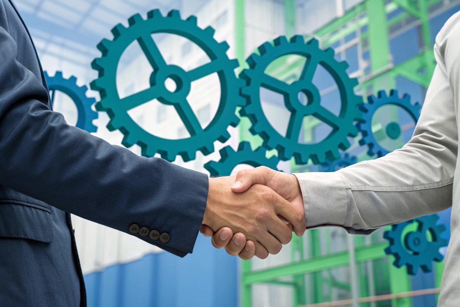 Close-up handshake against gears backdrop