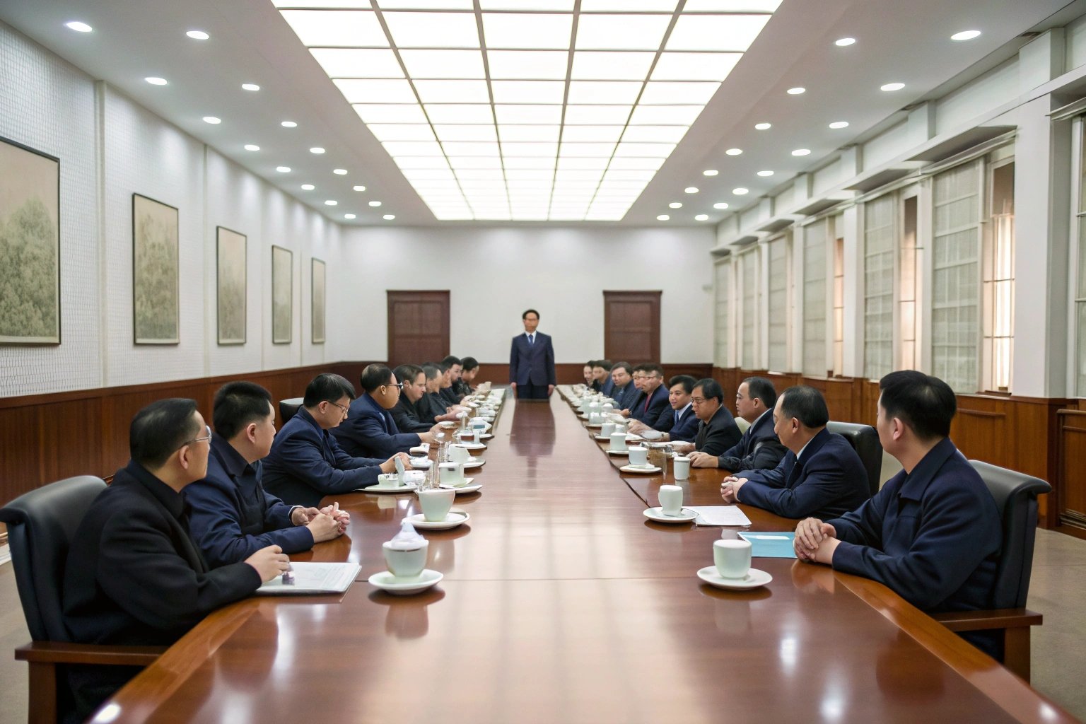 Leadership addressing operations team in formal boardroom meeting