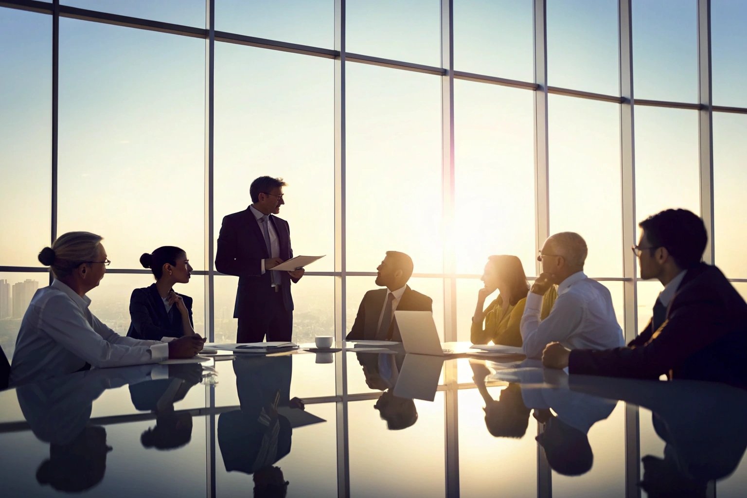 Manufacturing leadership meeting discussing strategy in modern boardroom