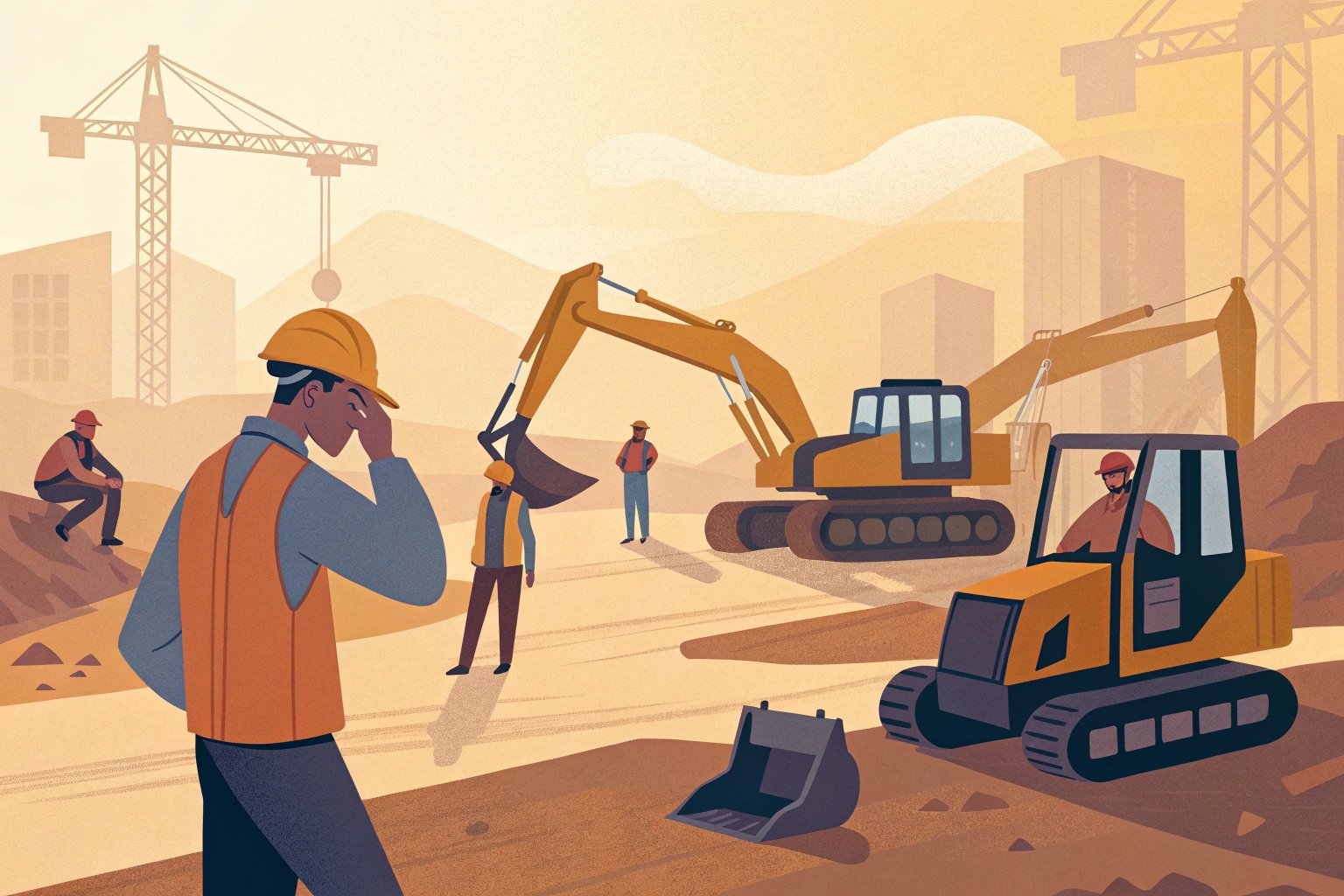 Illustrated construction site with excavators, cranes, and workers wearing safety gear