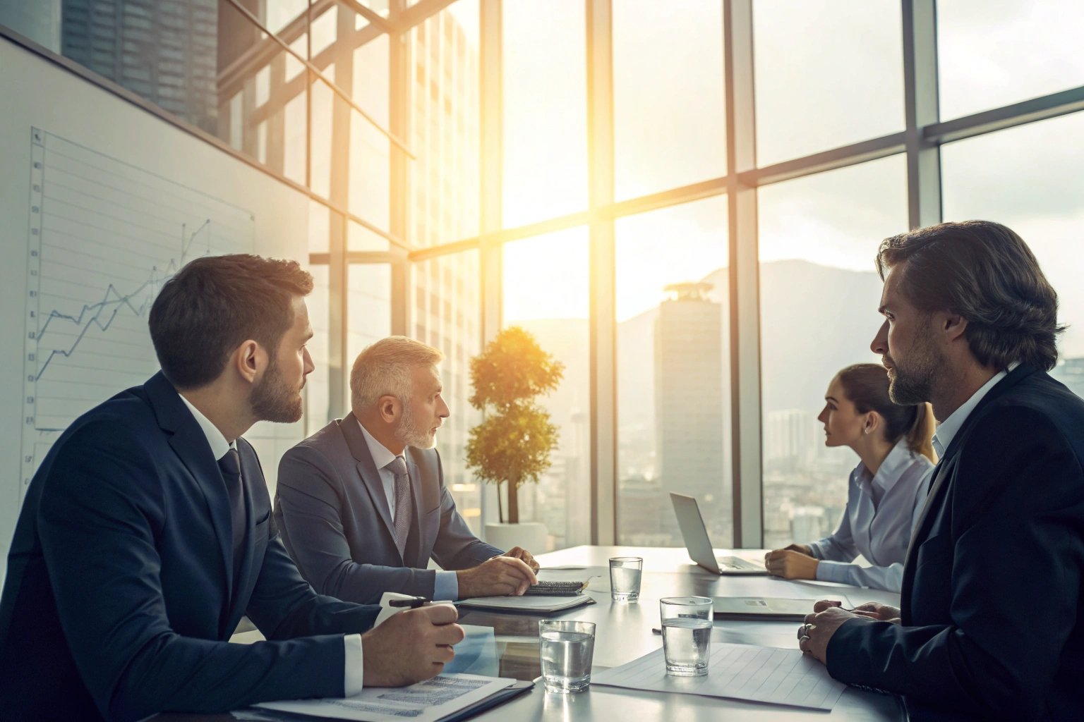 Executive manufacturing strategy meeting reviewing growth chart in modern boardroom
