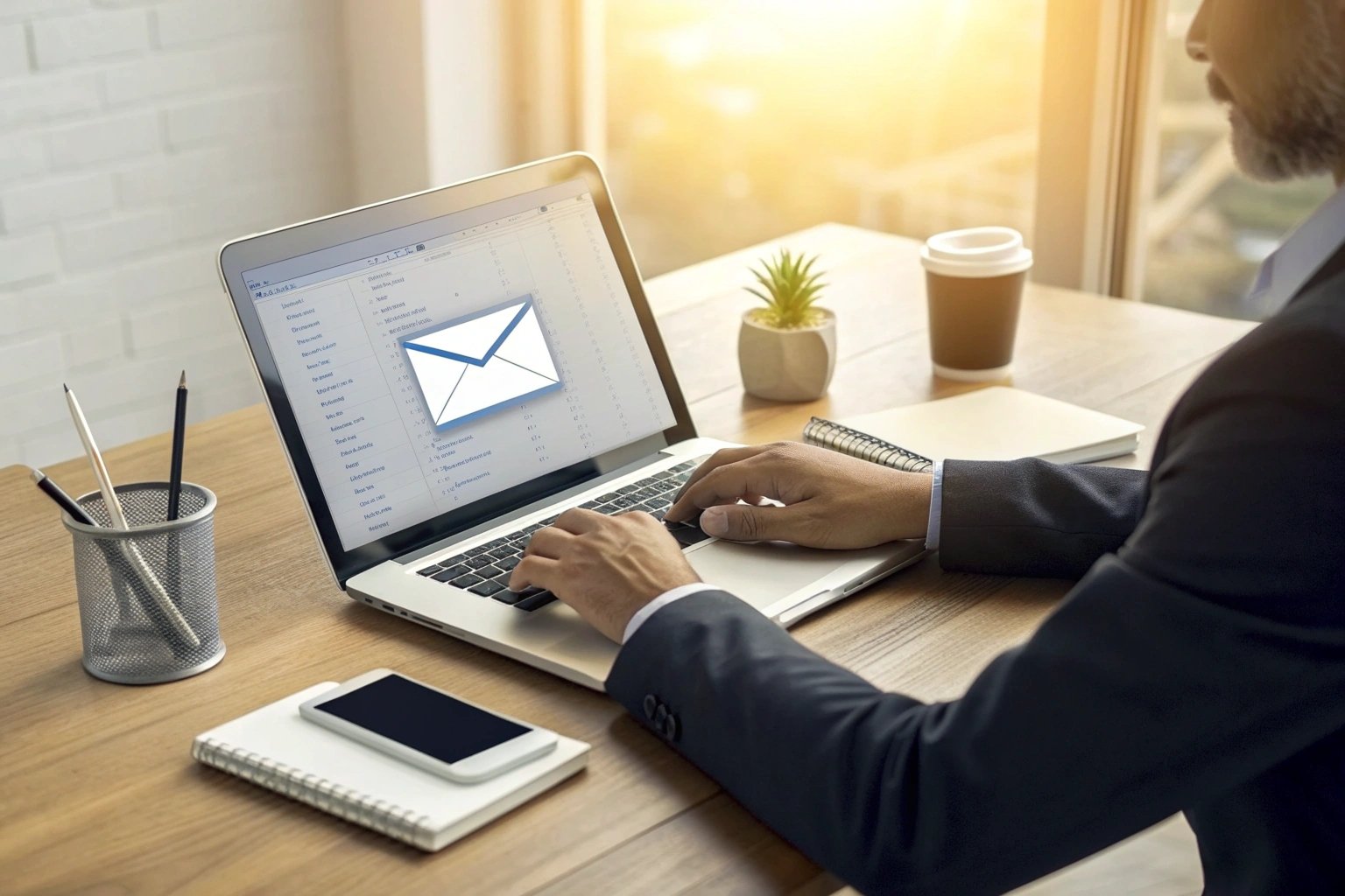Business professional checking client emails on laptop at wooden desk
