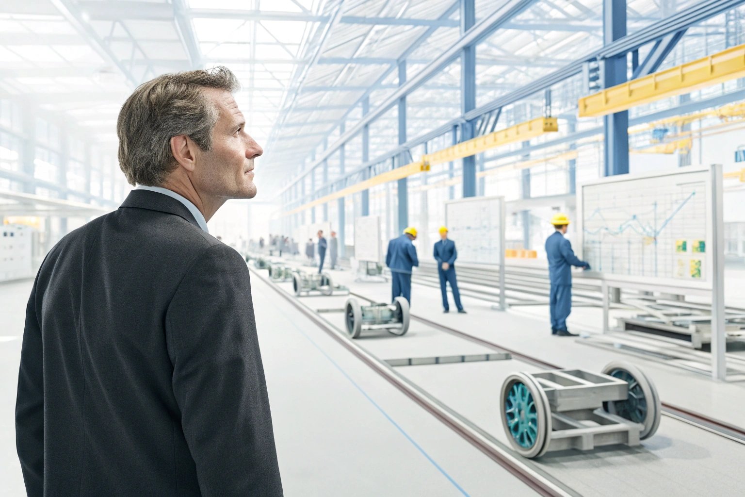 Plant manager overseeing automated manufacturing line while technicians analyze performance dashboards.
