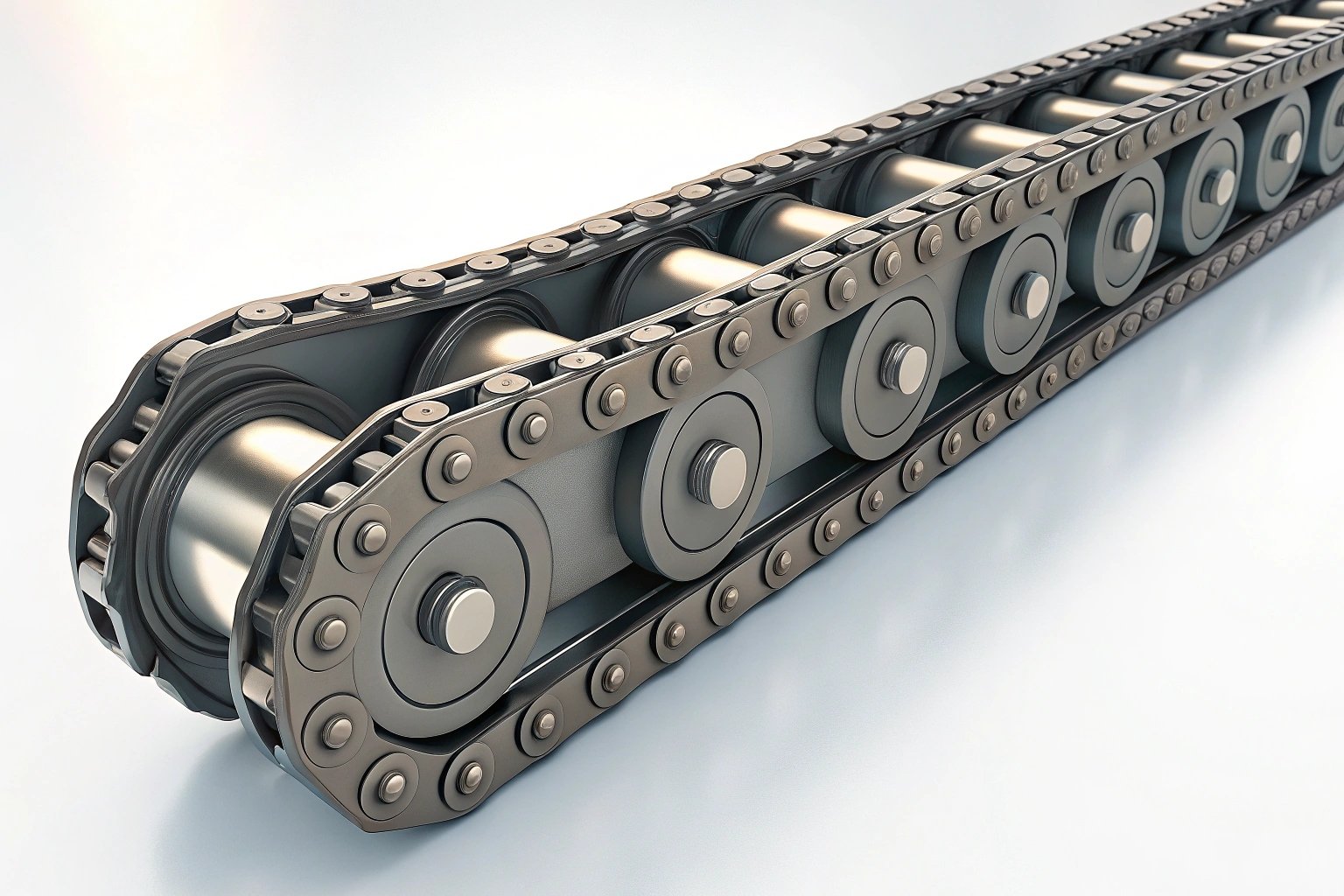 Close-up of heavy-duty industrial roller chain with precision bearings.