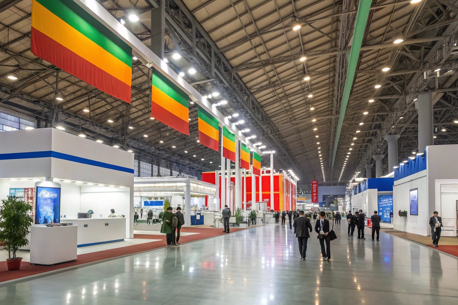 International manufacturing expo with flags, booths, and networking attendees.