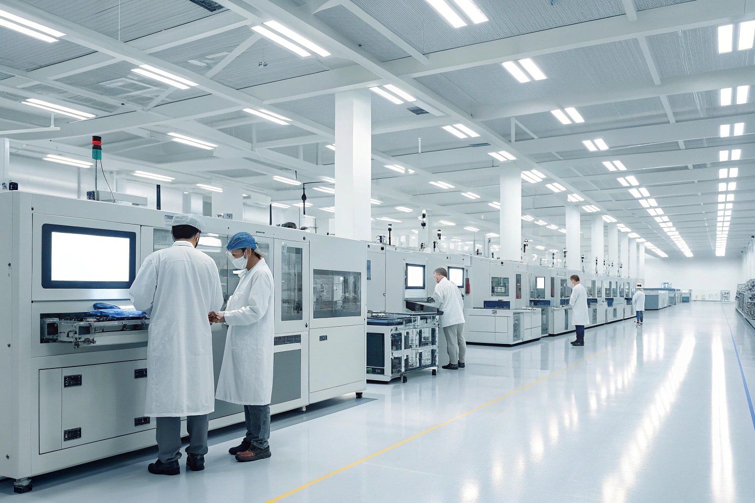High-tech manufacturing facility, workers in lab coats operating advanced machinery