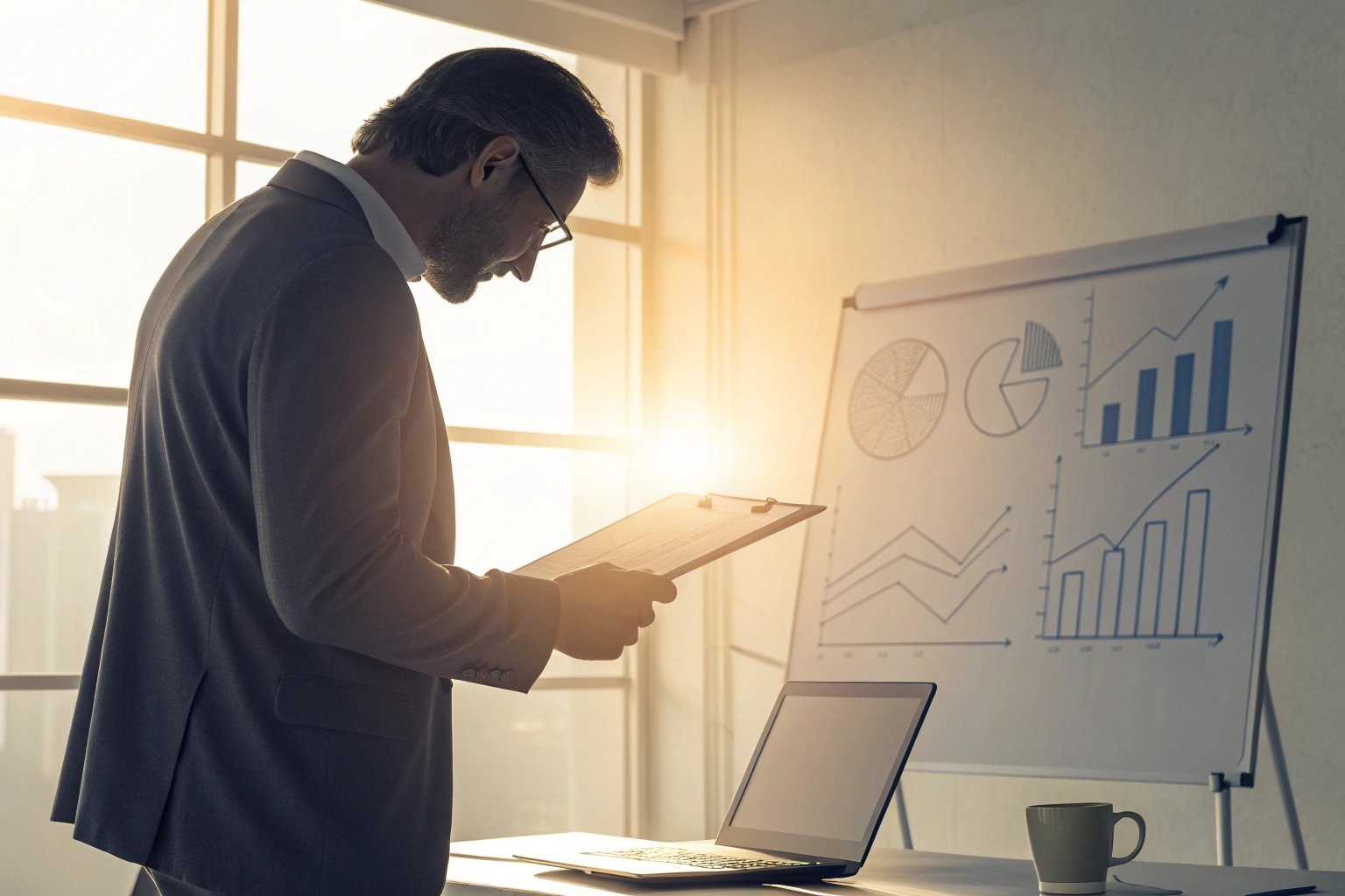 Business professional analyzing data from charts