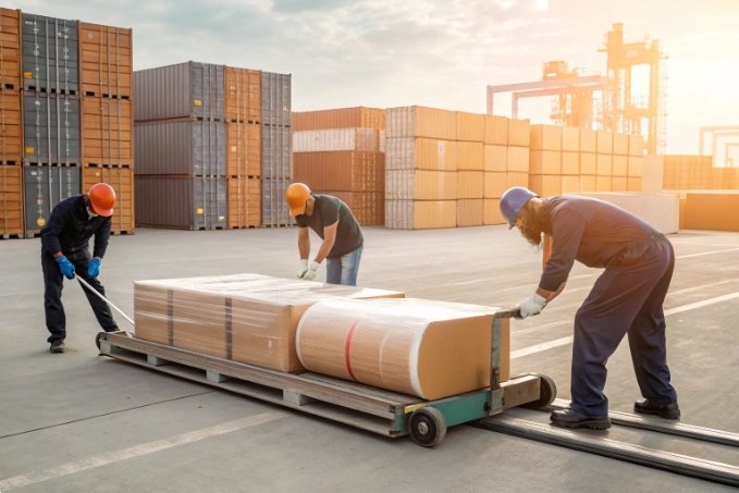 Workers pushing pallet in storage yard
