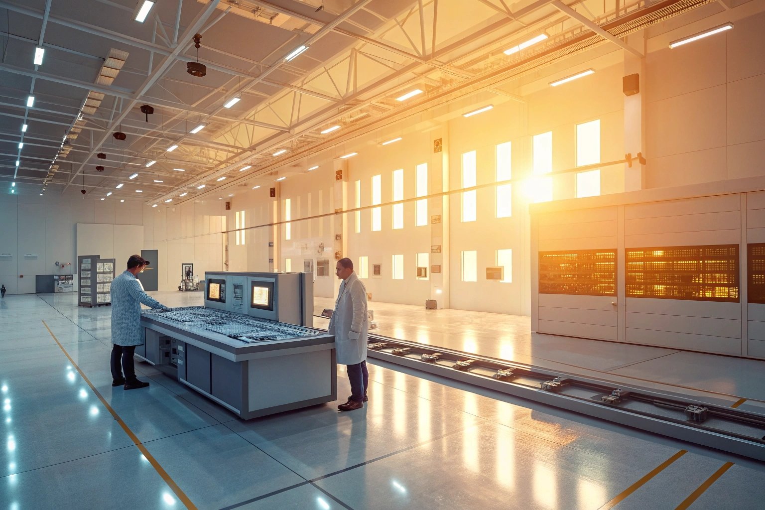 Lab Innovation Scientists at control panels inside high-tech laboratory illuminated by evening sun
