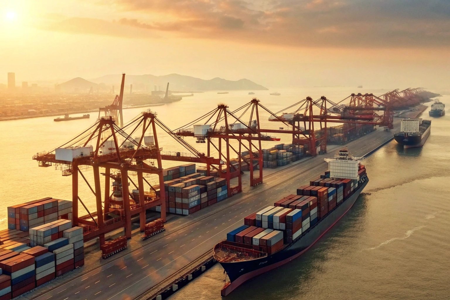 Expansive port with loaded cargo ships