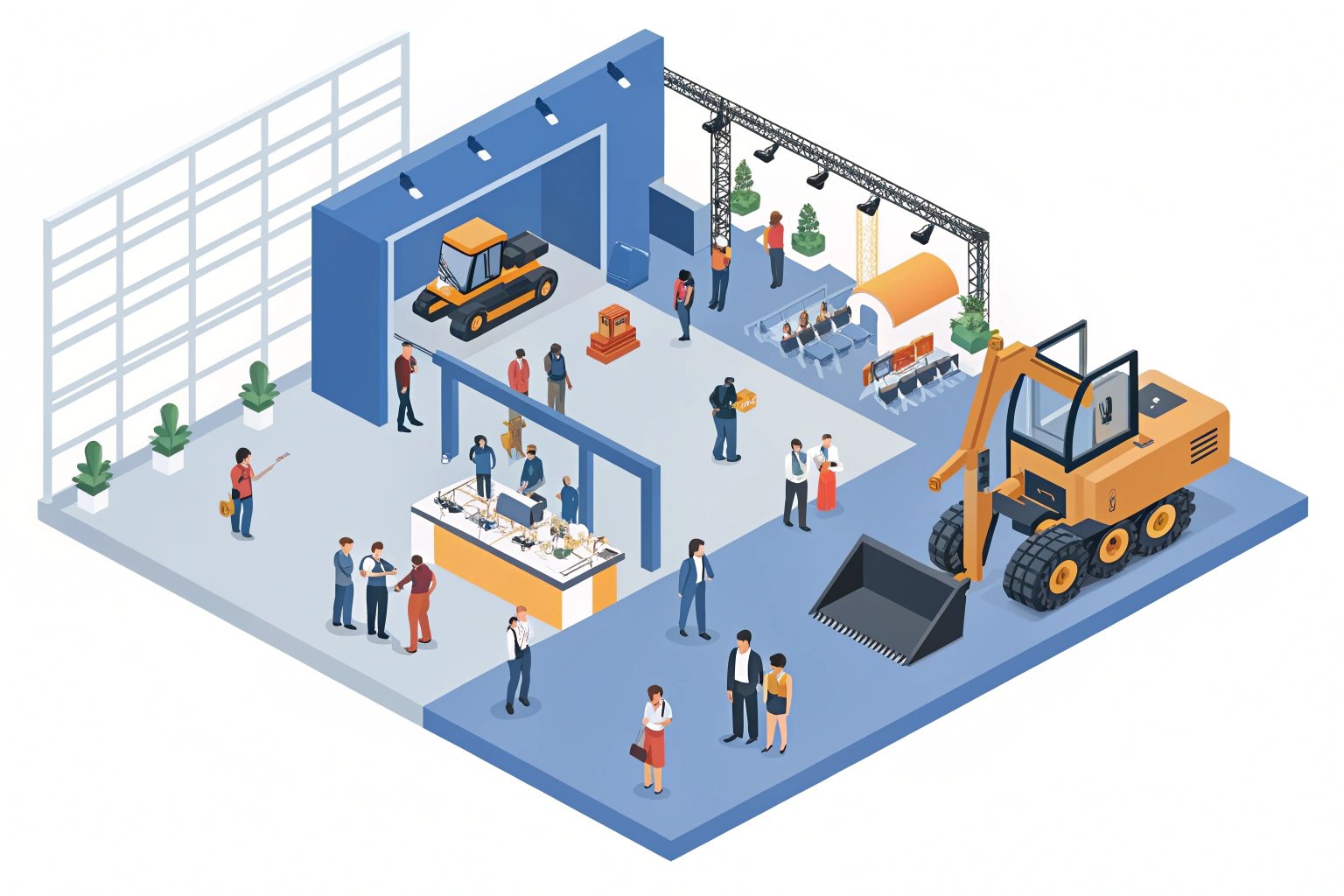 Construction Expo Scene Trade show exhibit of heavy equipment displayed in organized layout.