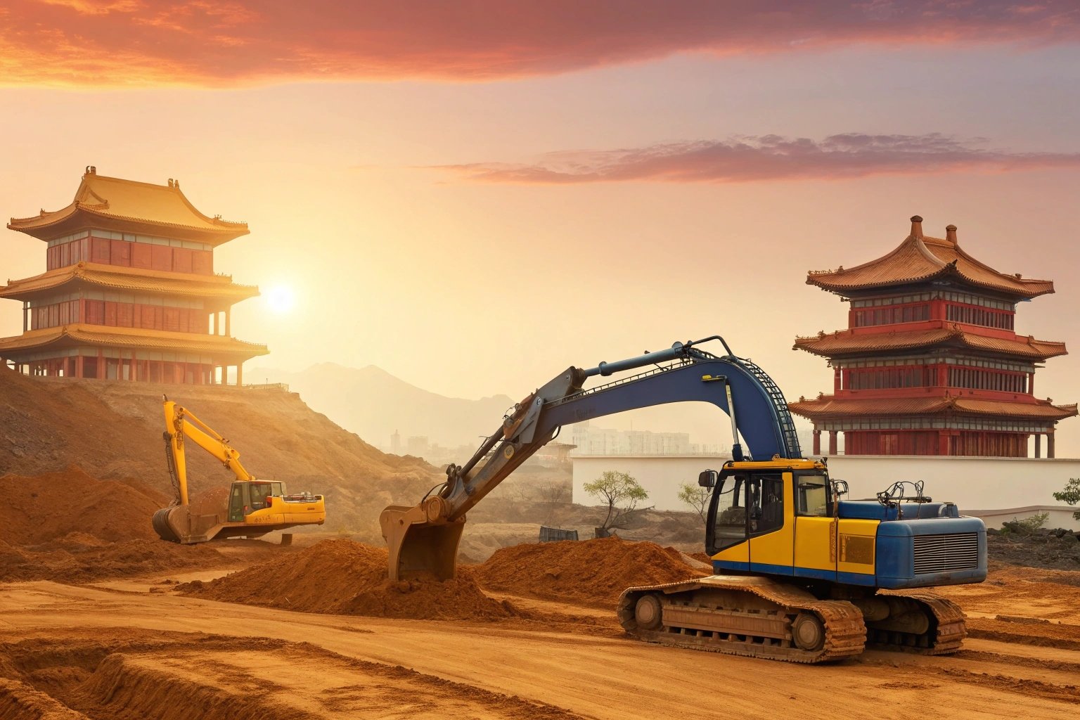 Excavators working on construction site with traditional architecture in the background.
