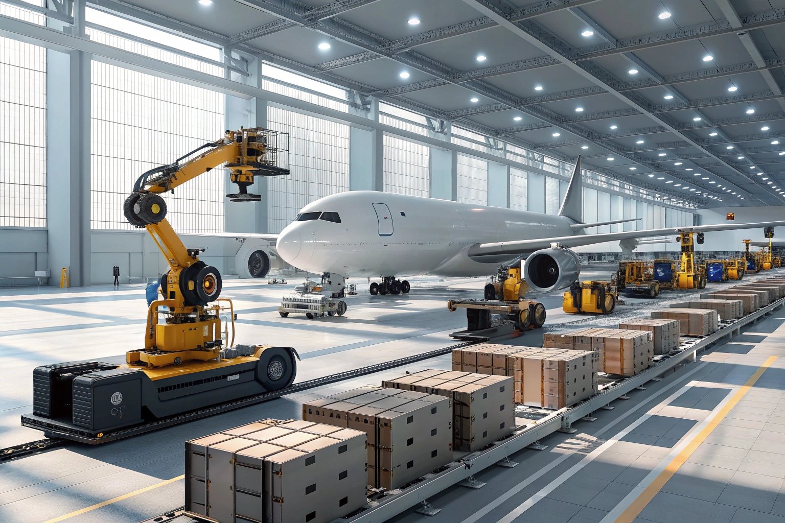 Airplane in a large hangar with automated robotic loaders and crates ready for shipment.