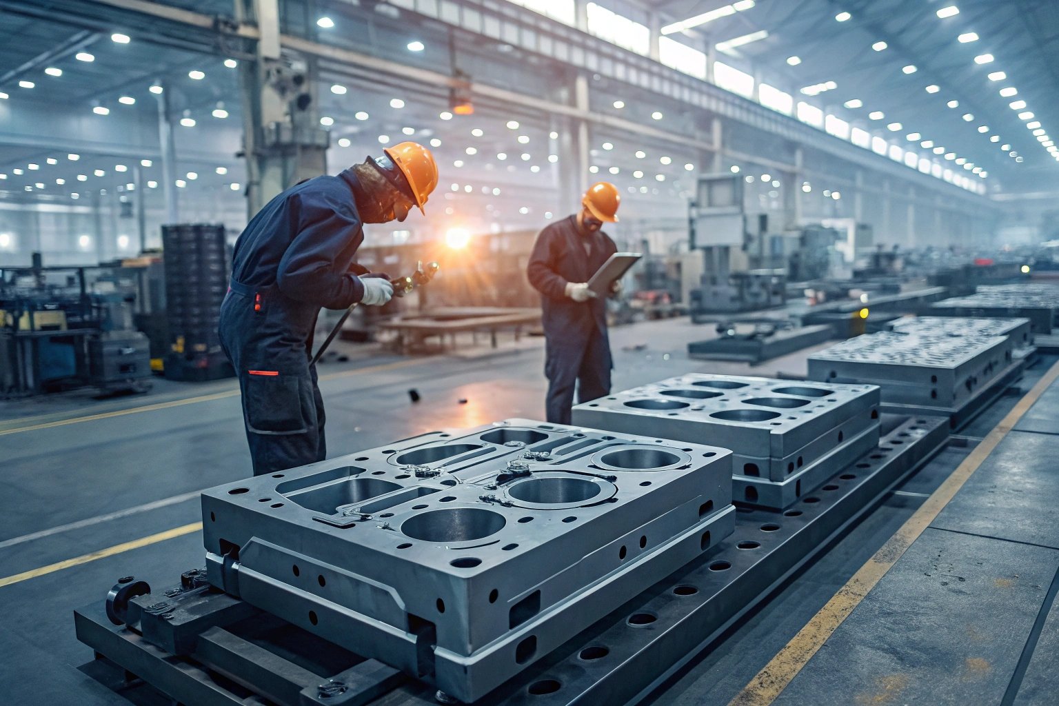 Two factory workers examining large machinery during manufacturing process.