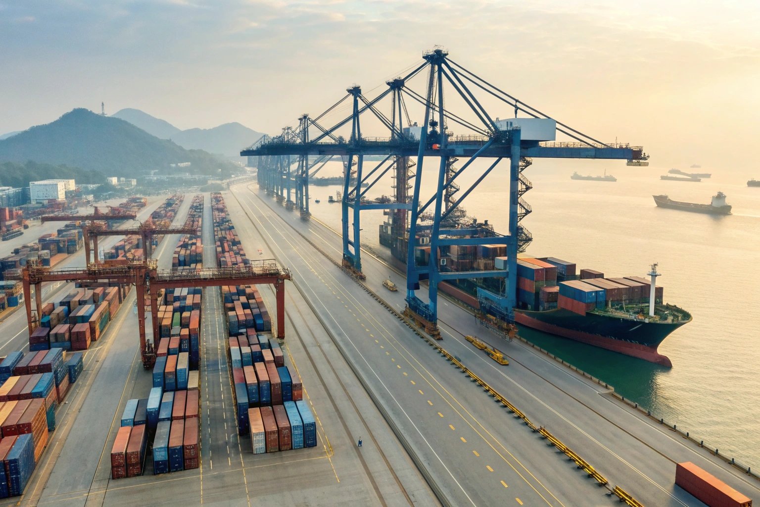 Container ship docked at busy industrial port, surrounded by loading cranes and stacked containers.