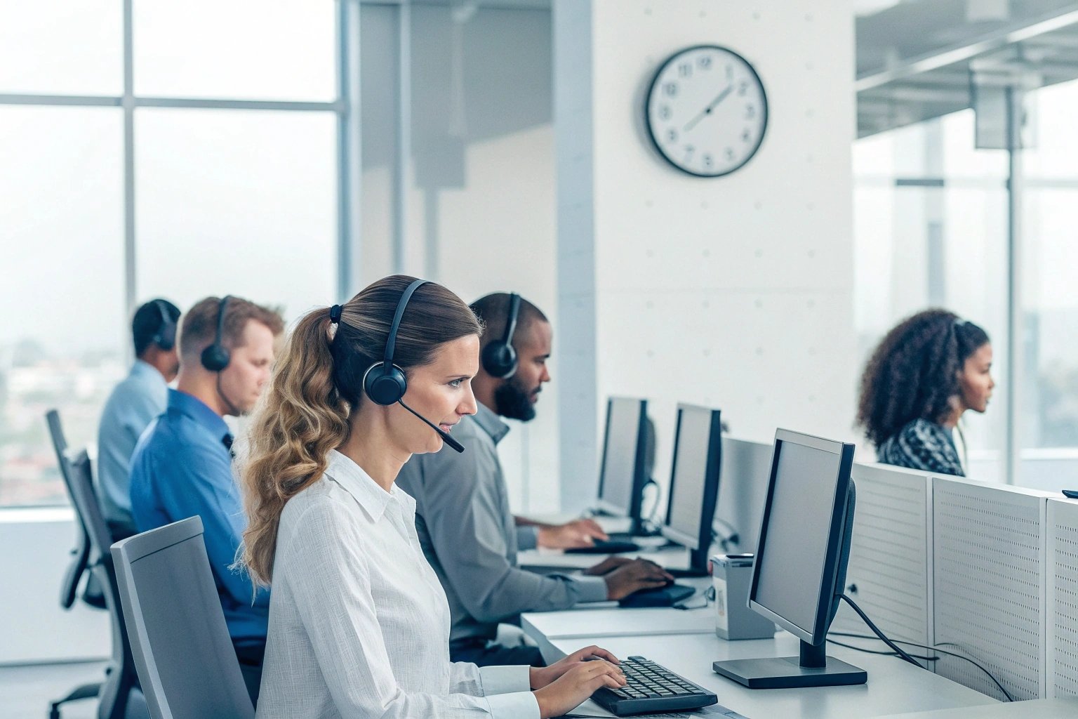 Customer service team working attentively at computers