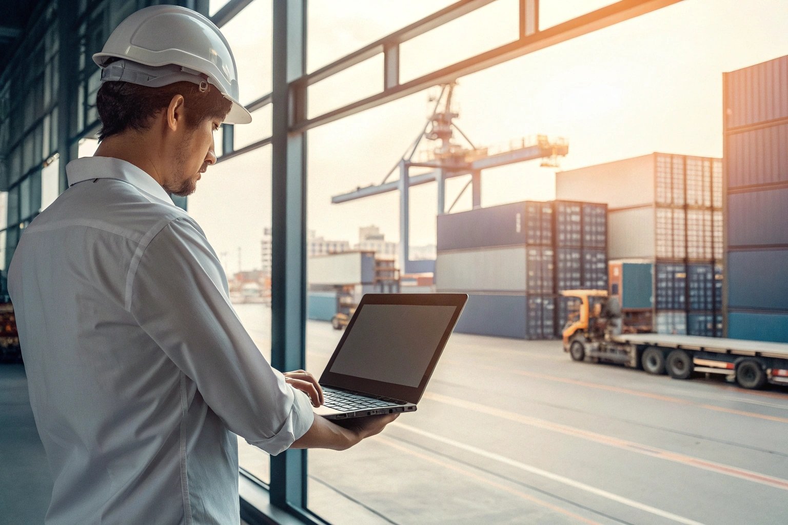 Port Monitoring Engineer using laptop to monitor port operations with containers and cranes.