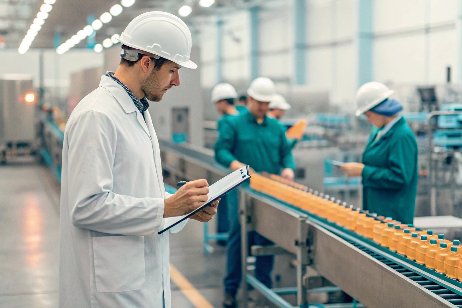 Production line inspection by engineer using checklist.