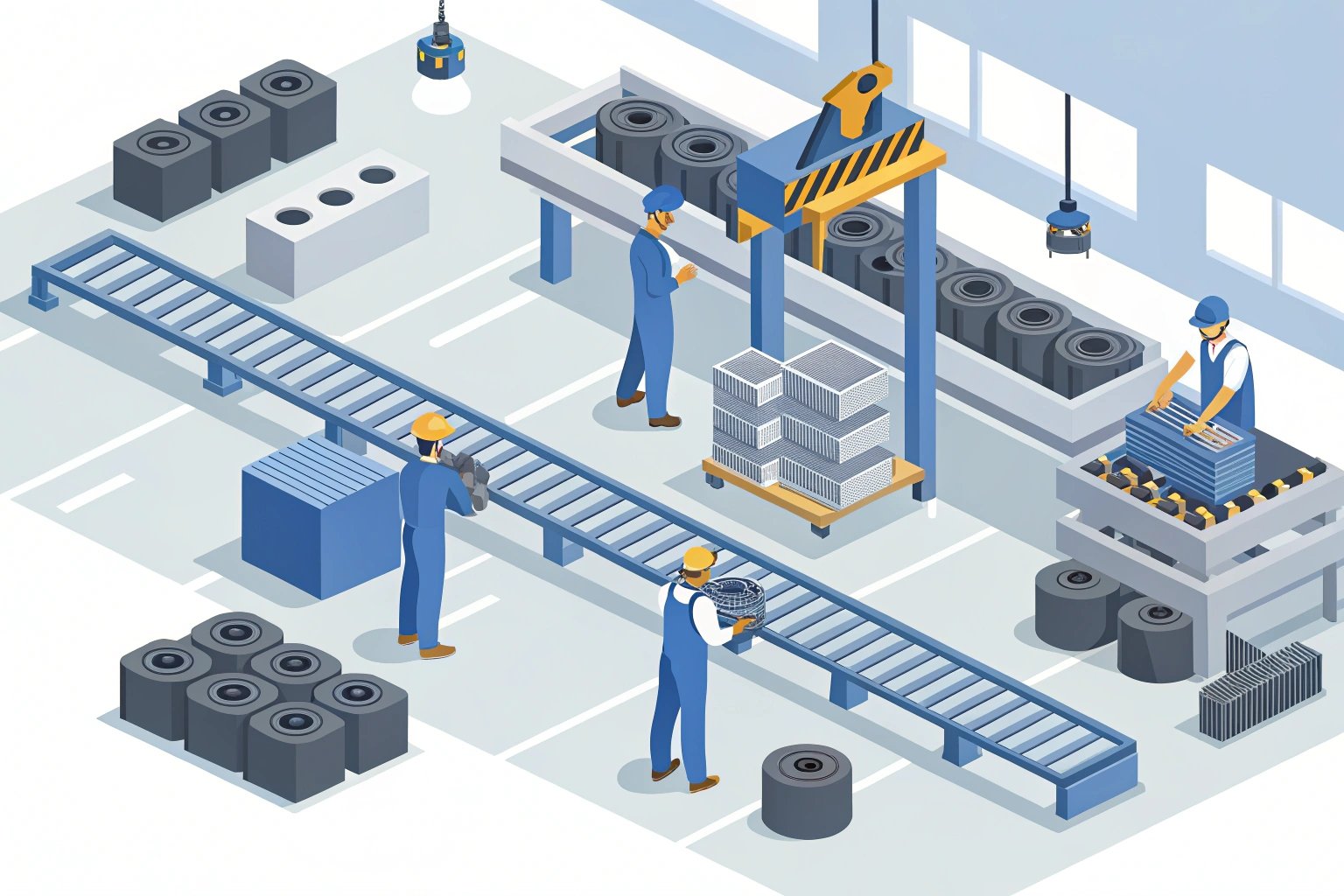 Illustration of workers on an assembly line in factory setting.