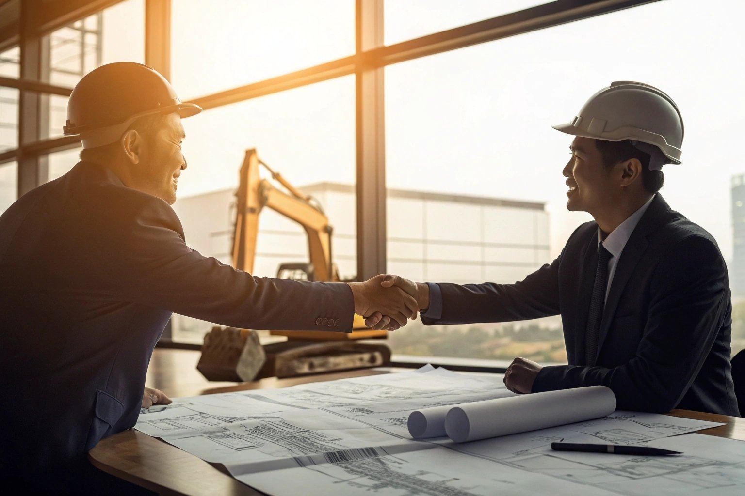 Construction professionals shaking hands over project blueprints.