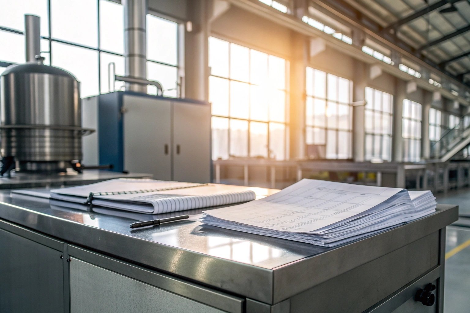Factory Desk Stack of papers and notebooks on a stainless-steel counter in a modern factory setting.