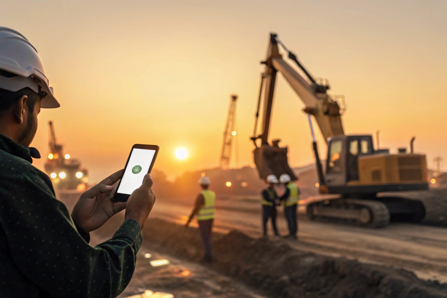 Construction worker using mobile device at a sunset construction site