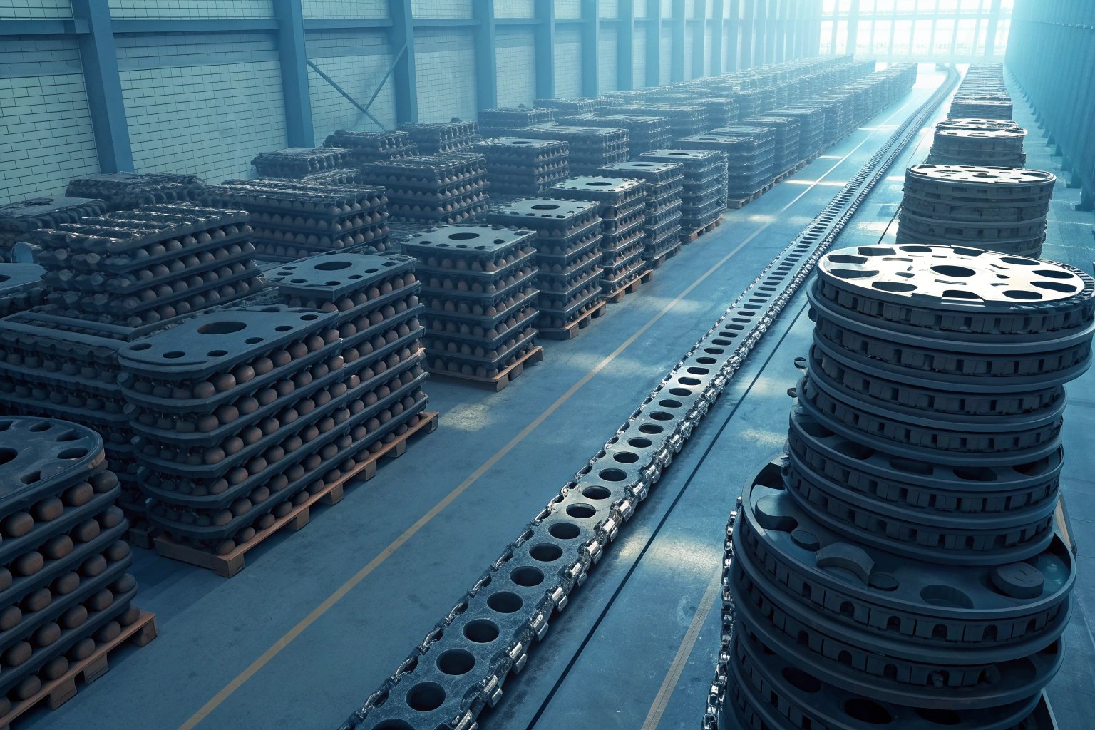 Stacks of industrial components in a warehouse