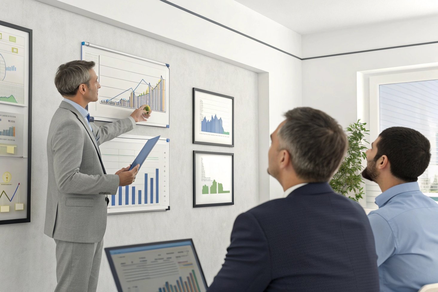 Professional presenting data analysis in meeting