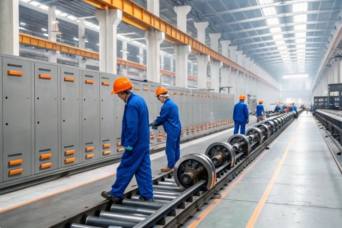 Factory workers inspecting conveyor systems