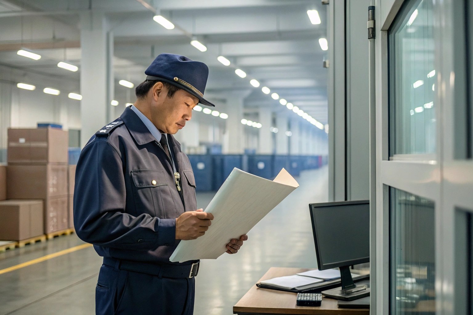 Customs officer examining paperwork inside a large warehouse.