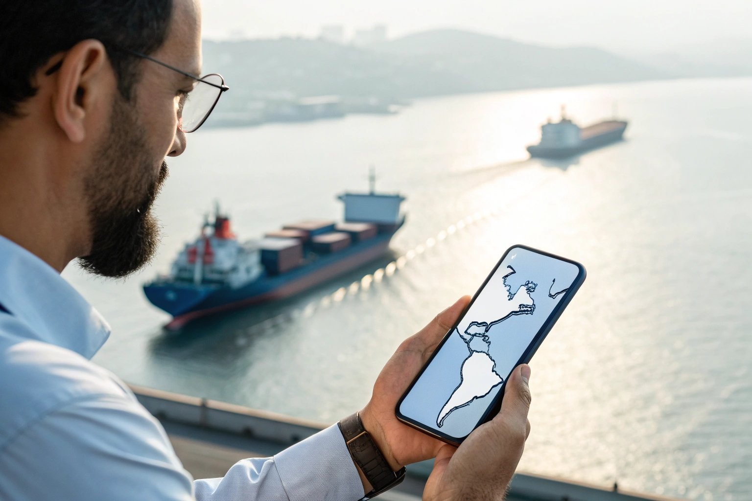 Shipping manager tracking vessel movements using smartphone