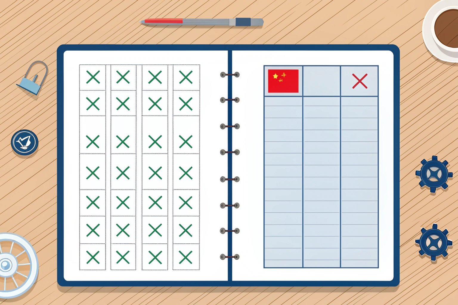 Notebook with checkmark grid and Chinese flag indicator