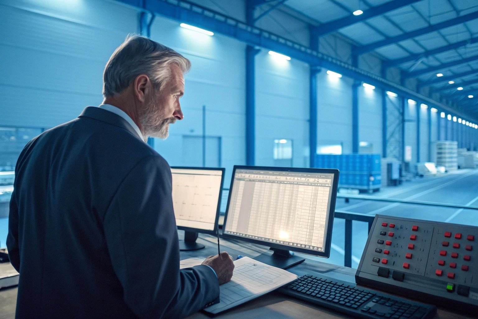Supervisor inspecting industrial warehouse data