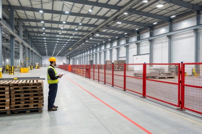 Worker assessing warehouse facility