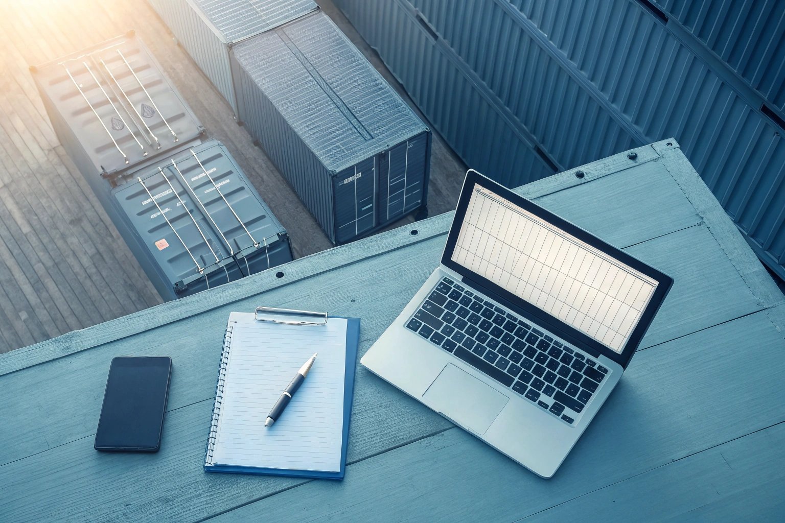 Laptop and notes managing cargo logistics.