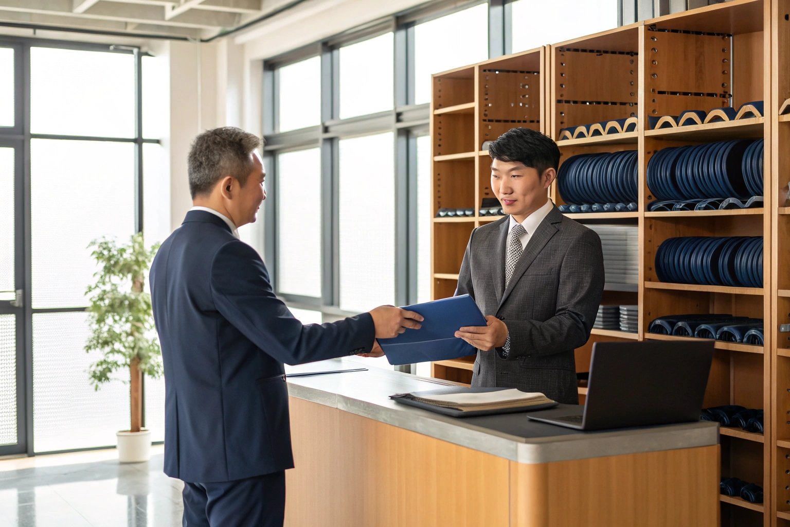 Business meeting with documents in bright office.