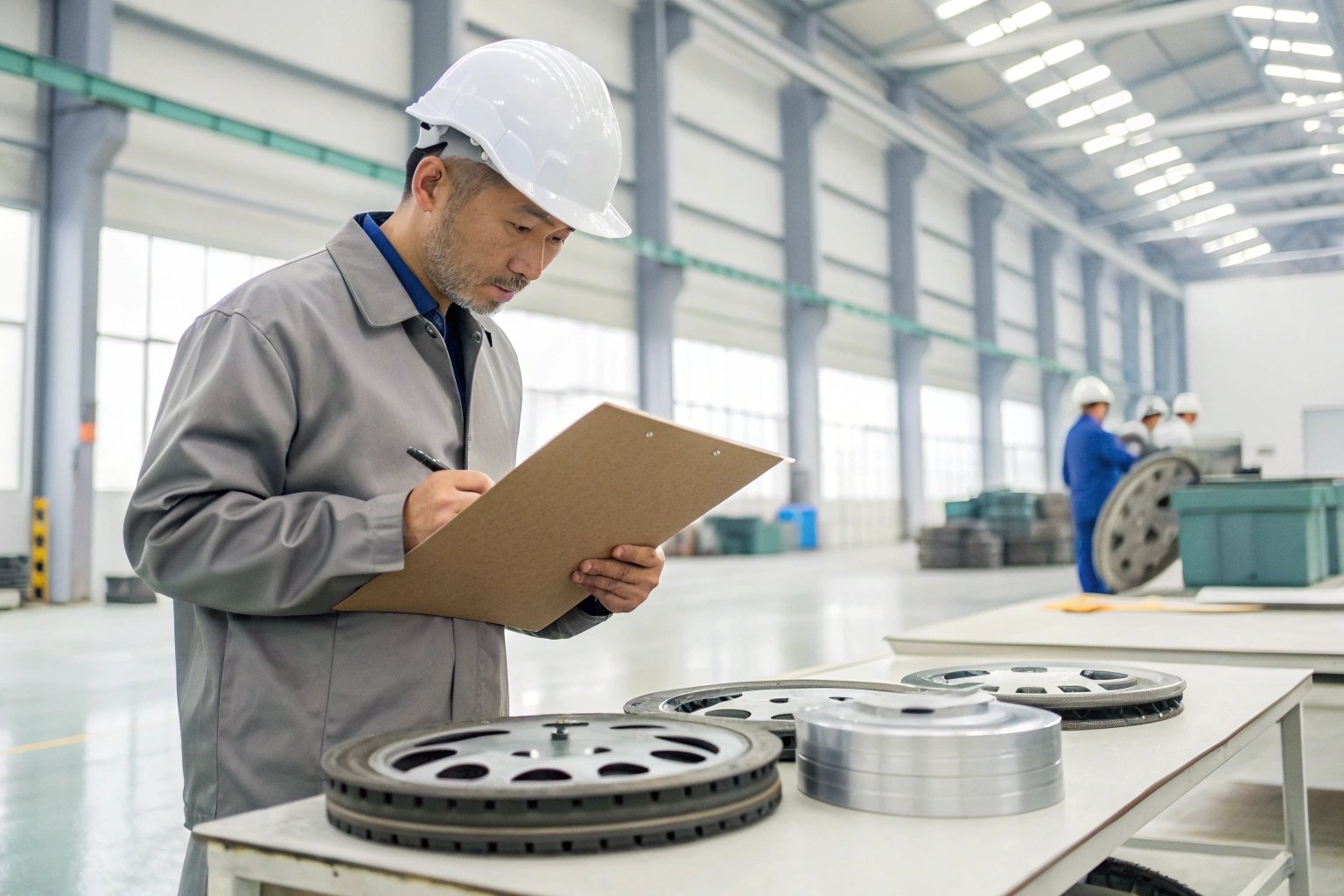 Inspector evaluating industrial parts.