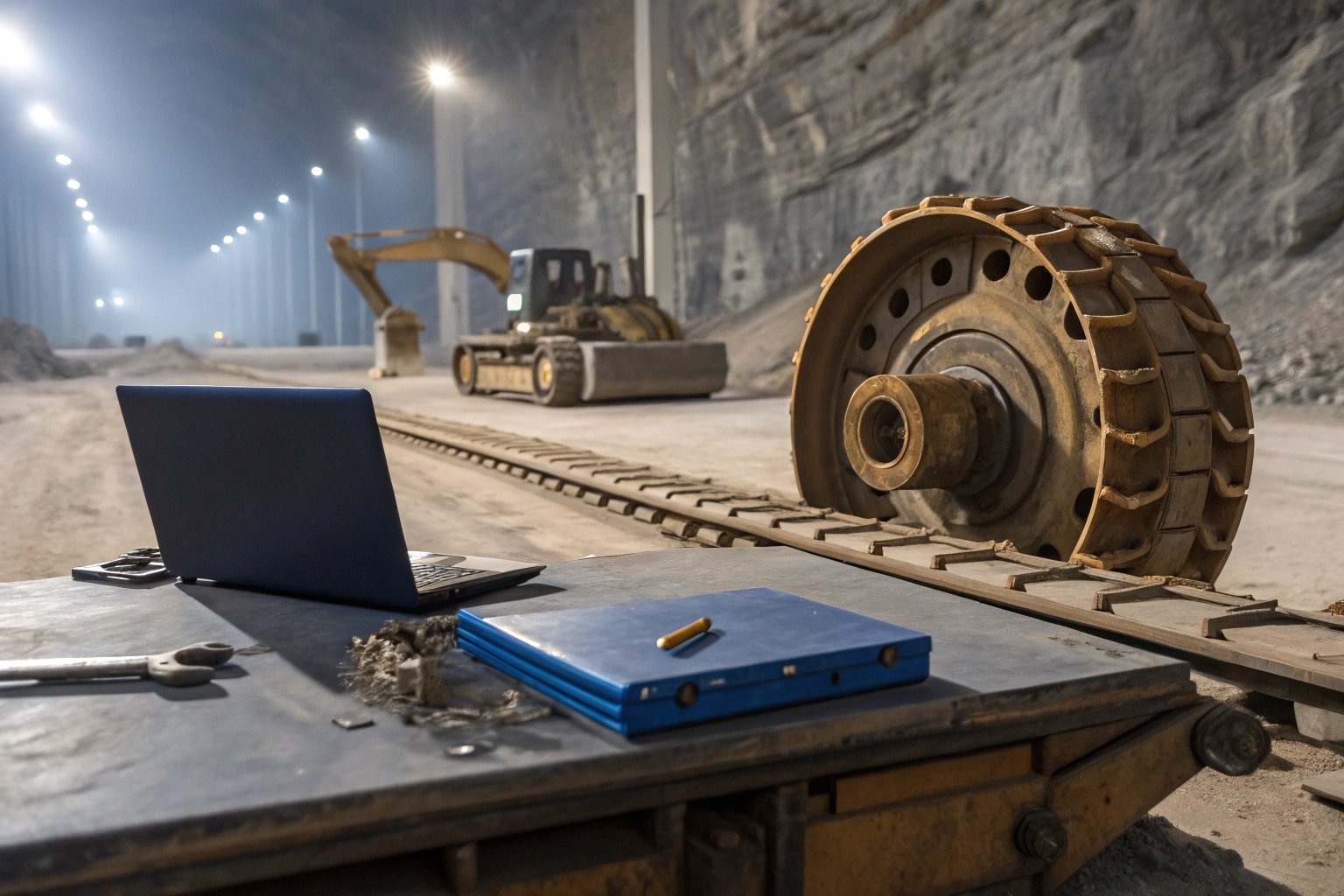Underground construction site with machinery and laptop.