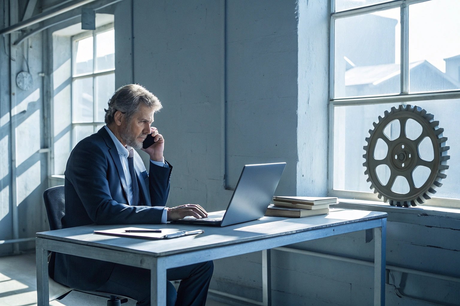 Industrial executive on phone working at laptop by gear window