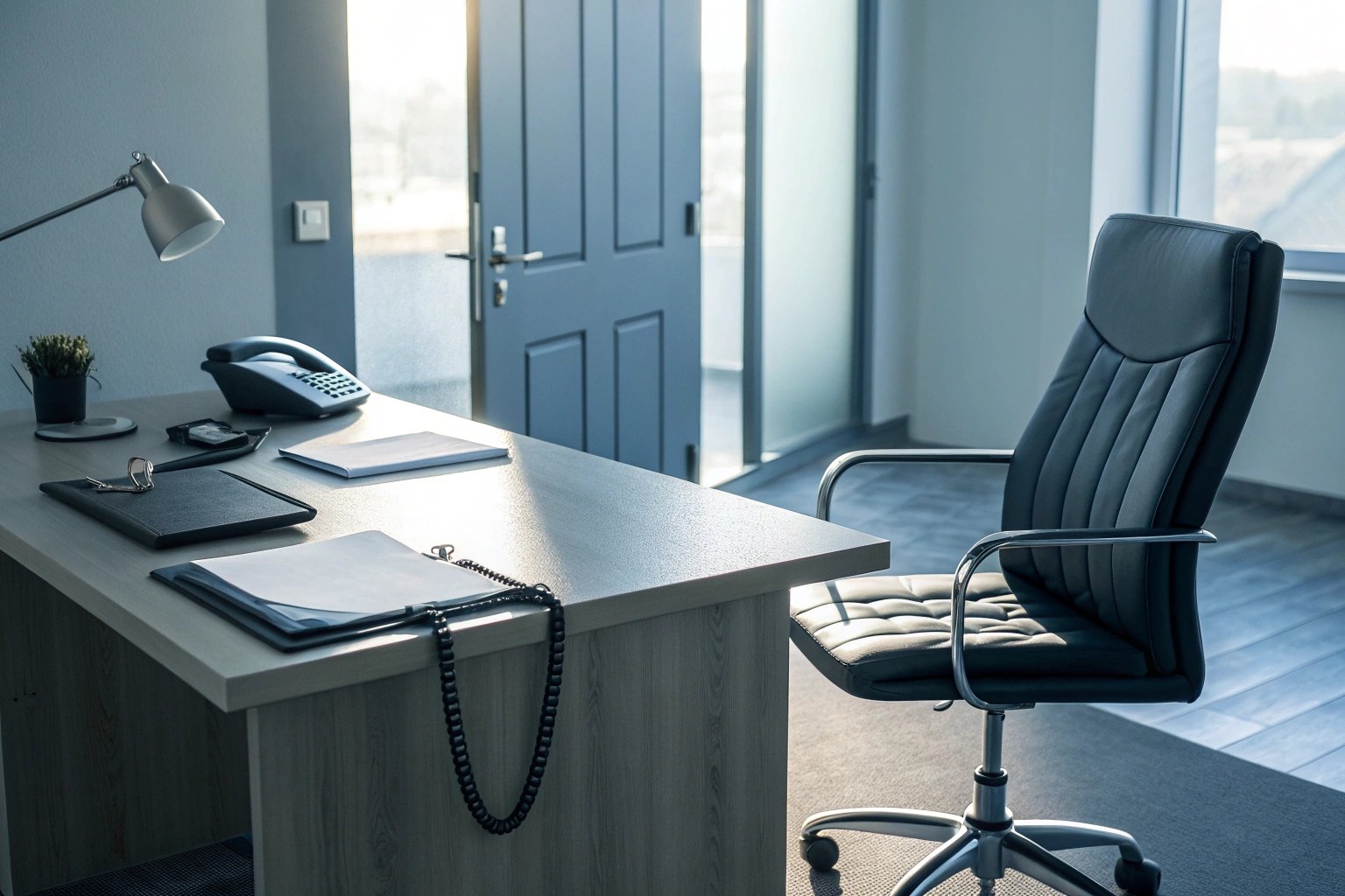 Executive office desk with documents, telephone, and chair in modern industrial workspace