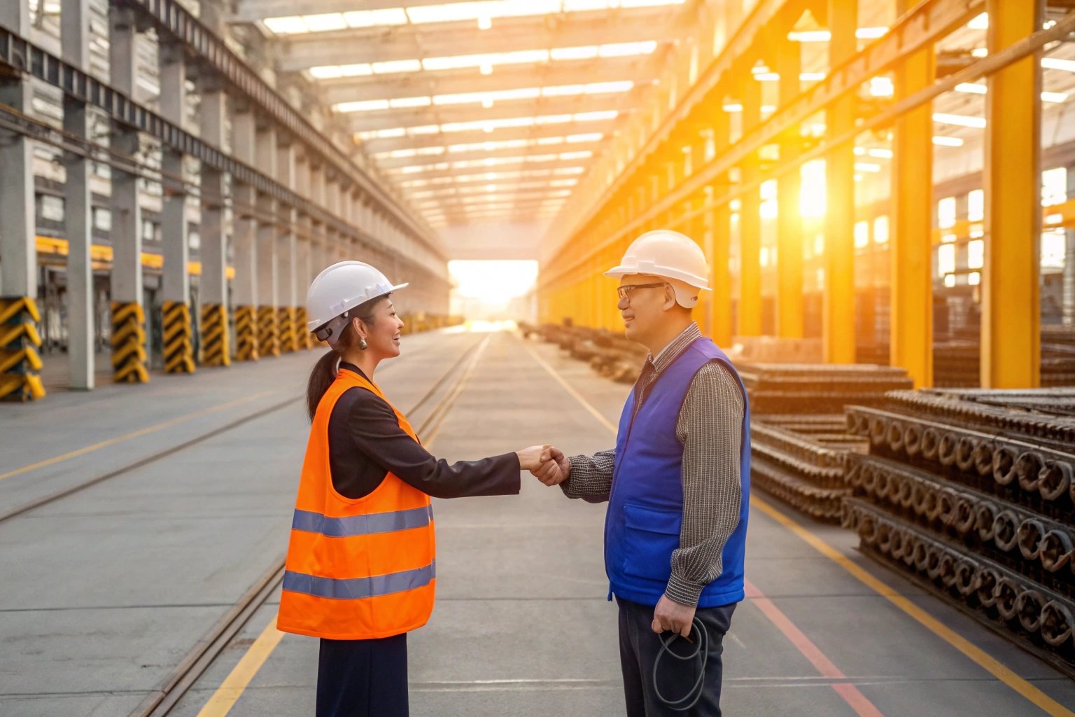 Engineer and supervisor shake hands inside sunlit manufacturing plant